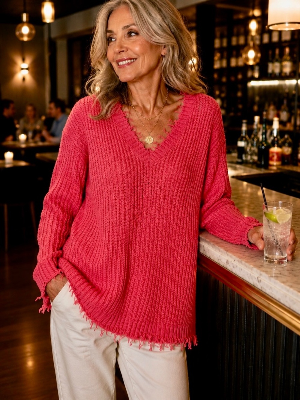 NIC+ZOE Pink Fringe Trim Ribbed Knit V-Neck Sweater Small